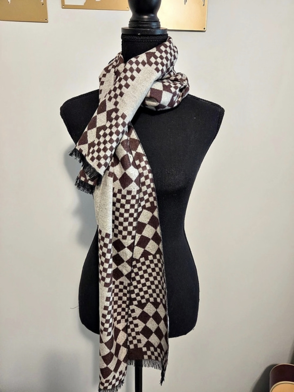 Geometric Brown & Cream Fringed Scarf